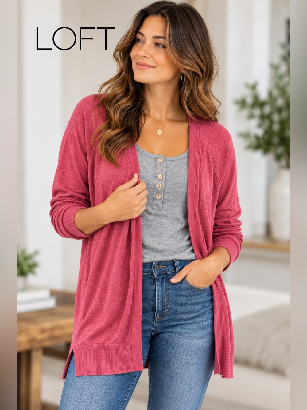 LOFT XL Pink Lightweight Open Front Cardigan + FREE Gray Top